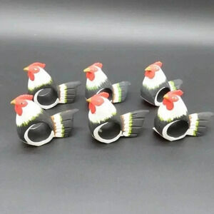 Flock of Wooden Rooster Chicken Napkin Ring Holder MCM Vintage Farmhouse Rustic